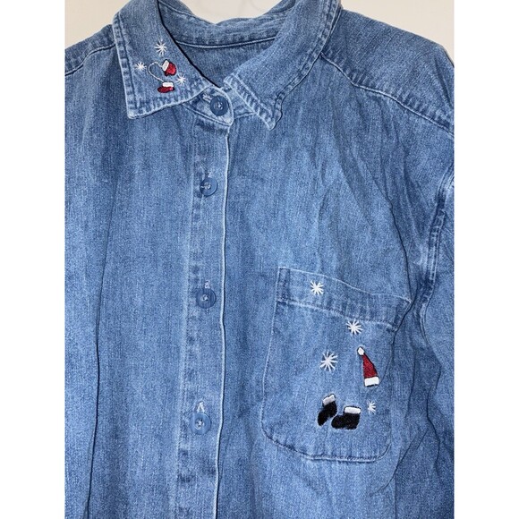 CJ Banks Christmas Santa Penguin Embroidered Denim Shirt 100% Cotton Button Down - Picture 3 of 8